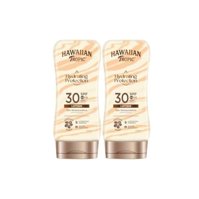Imagen de HAWAIIAN Tropic Silk Hydration Protective Duopack Loción Solar Protectora con índice SPF 30 cintas de seda hidratantes y resistente al agua, formato 180 ml 2 unidades