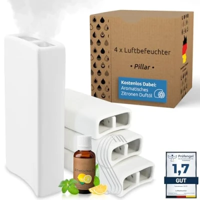 Imagen de BonAura® Humidificador de cerámica, gancho y aceite aromático, juego 4 unidades, 400 ml, vaporizador agua para radiadores con fragancia, evaporador humidificador, recipiente