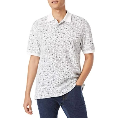 Imagen de Amazon Essentials Polo en piqué de algodón con Corte Regular (Disponible Talla Grandes y Largos Especiales) Hombre, Negro Blanco Estampado Geométrico, M