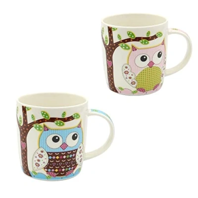 Imagen de Dekohelden24 Juego de 2 tazas café porcelana Diseño: búhos multicolor en azul rosa Tamaño H/Ø: 9,5 x 8,5 cm, capacidad 350 ml, apto para lavavajillas