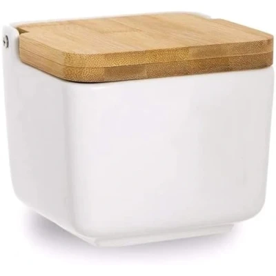 Imagen de Dream Hogar Salero Cocina Original con Tapa Bambu Ceramica Blanco 12x12x11 cm
