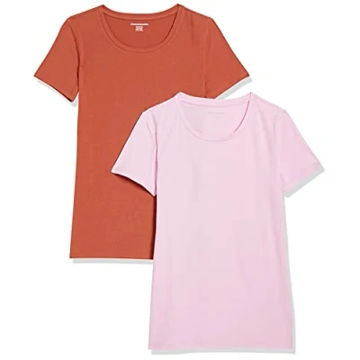 Imagen de Amazon Essentials Camiseta de Cuello Caja Manga Corta y Ajuste Clásico Mujer, Pack 2, Rosa Claro/Terracota, L
