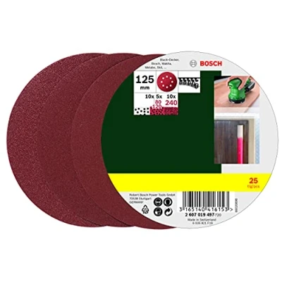 Imagen de Bosch 2607019497 Paquete de 25 lijas para lijadoras excéntricas (diámetro 125 mm, grano 80, 120, 240)