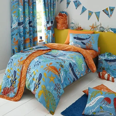 Imagen de Happy Linen Company Juego de Cama con Funda nórdica Doble Reversible para niñas y niños Ocean Friends Sealife Azul