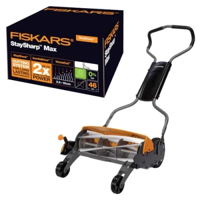 Imagen de Fiskars Cortacésped StaySharp Max, con sistema de corte sin contacto, Ancho corte: 46 cm, Negro/Naranja/Plata, 1000591