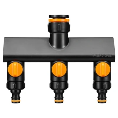Imagen de Fiskars Conector de grifo 3 vías, Con válvulas apertura/cierre, tamaños rosca Ø 21 mm (1/2&quot;), 26,5 (3/4&quot;) y 33,3 (1&quot;), Comfort, Negro/Naranja, 1070578