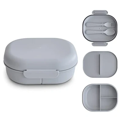 Imagen de mushie Fiambrera Infantil Lunch Box Divisor y compartimentos Con tapas bloqueables cubiertos tenedor cuchara plástico sin BPA (Cloud)