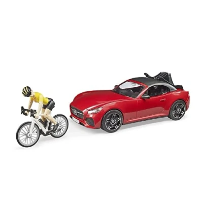 Imagen de bruder 03485 Roadster con bicicleta de carreras, ciclista casco, coche deportivo, descapotable, ciclista, figura juguete