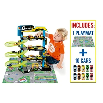 Imagen de Molto Parking Infantil 4 Plantas + 10 Coches Tapiz de Juego con Garaje, Rampas, Lavadero, Ascensor, Gasolinera y Zona Engrase Juguetes Educativos para el Desarrollo 3 Años