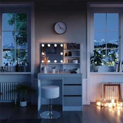 Imagen de Vicco Tocador Sherry, Blanco Alto Brillo, 90 cm con iluminación LED, Taburete y Estante Espejo