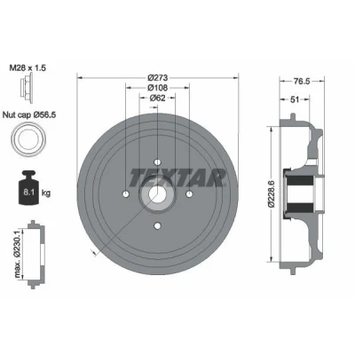 Imagen de TEXTAR 94037900 Tambor de Freno con anillo sensor magnético incorporado, cojinete rueda, sin perno sujeción buje rueda 273