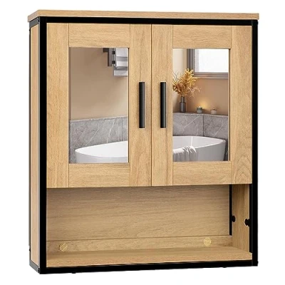 Imagen de EUGAD Armario de Baño con 2 Espejo Puertas, Mueble Pared Estante Abierto, Espacio Interior Almacenaje Nivles Balda Ajustable, Roble Claro+Negro, 56x13x60 cm, 0154WY