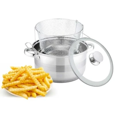 Imagen de Olla para freír de 6,5 L acero inoxidable con tapa cristal, cesta inducción, freidora Ø24, freidora, freír, inoxidable, patatas fritas