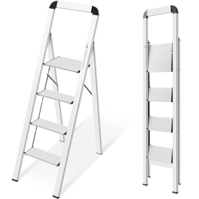 Imagen de KINGRACK Escalera de Tijera 4 peldaños Plegable Aluminio, Doméstica Estrecha con Pasamanos, Mecanismo Antiplegado, Uso Hogar Cocina Despensa Oficina, Ahorro Espacio y Portátil, Plata