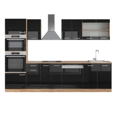 Imagen de Vicco Mueble de Cocina R Line, Negro Brillo Intenso/Roble Dorado, 300 cm con Armario Alto, sin encimera