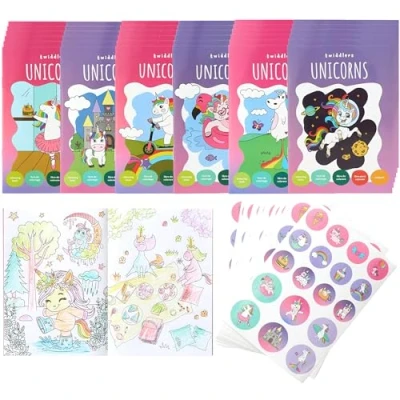 Imagen de THE TWIDDLERS 36 Mini Libros para Colorear Bolsas de Fiesta, con Pegatinas Tema Unicornio, A6 Niños, Edades 4 8, Pequeños Perfectos Fiesta