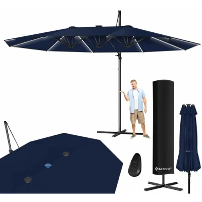 Imagen de KESSER® Sombrilla, 4,6m x 2,7m Sombrilla Cubierta y Protección Contra el Viento, Con Manivela Soporte, Aluminio, Hidrófuga, Inclinable Inclinable, Orientable 360, Azul Marino Sin LED