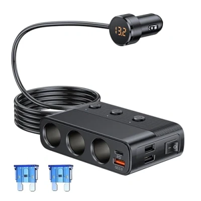 Imagen de Hoembpn 127W Enchufe Divisor para Encendedor de Cigarrillos Coche 3 Tomas Duales USB+QC 3.0+PD,12V/24V Cargador Mechero con Adaptador USB Interruptor y Voltímetro LED