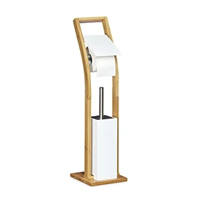 Imagen de Relaxdays Escobillero Portarrollos de Pie, Bambú Madera Metal, Marrón Blanco, 75 x 19 cm, Acero Inoxidable