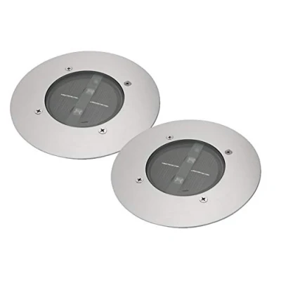 Imagen de Juego de 2 focos LED solares para empotrar en el suelo, redondos, acero inoxidable/cristal exterior
