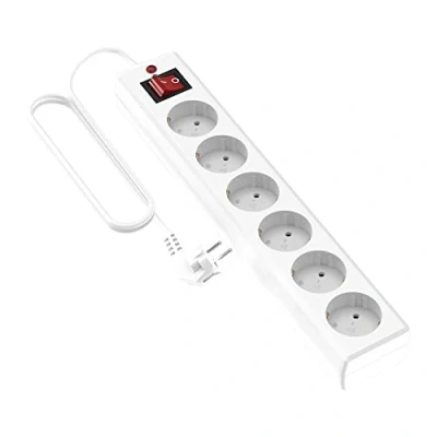 Imagen de Garza Power Base múltiple Top de 6 tomas Schuko con Interruptor, protección Sobretensiones, cable 1.5mm x 1.5 metros, Color Blanco