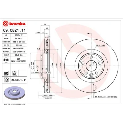 Imagen de BREMBO 09.C821.11 Disco de freno 325 30 5 ventilación interna revestido altamente carbonizado JAGUAR: E Pace