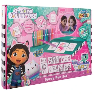 Imagen de Gabby&#039;s Dollhouse Spray Pen Set Desktop Box (GD23368) Kit de Bolígrafos Pulverizadores para Colorear y Dibujar 12 soplador 16 Plantillas Crear Colores Dibujos Únicos