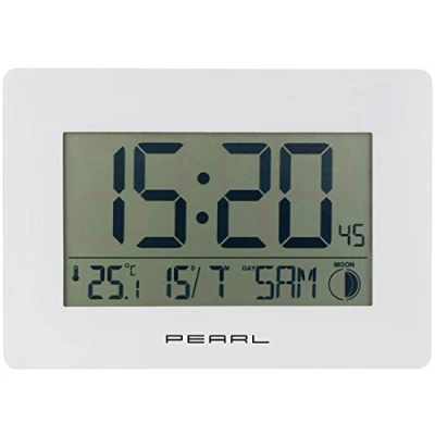 Imagen de Pearl Relojes despertadores Digital Reloj de Pared controlado por Radio: con Radio Hora Jumbo, Visualización Temperatura y Fecha, Blanco (LCD Grande)