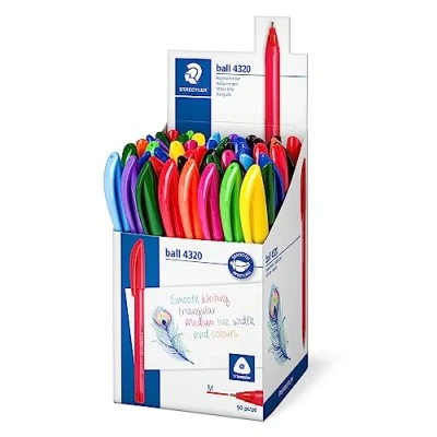 Imagen de STAEDTLER Bolígrafo triangular, ancho de línea M aproximadamente 1,0 mm, para una escritura relajada, 50 bolígrafos colores surtidos en expositor cubilete cartón, 4320 MKP50
