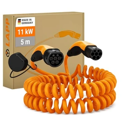 Imagen de Lapp Mobility Cable de Carga EV Tipo 2 Espiral 11kW, 20A, Trifásico, Resistente al Polvo y Agua IP55, Flexible, Compatible con Todos los Vehículos Eléctricos e Híbridos Europeos, 5m, Negro
