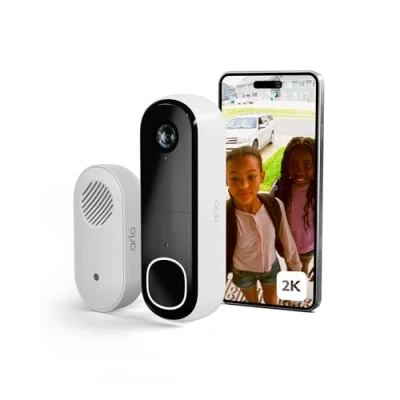 Imagen de Arlo Essential 2K Videoportero WiFi + Timbre Inalámbrico Exterior Impermeable, Casa, Detector De Movimiento, Visión Nocturna, Audio Bidireccional, Prueba Secure Incluida, 1 Cámara, Blanca