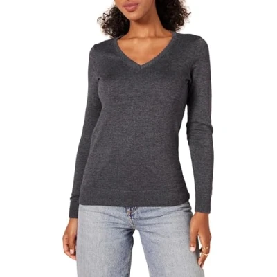 Imagen de Amazon Essentials Jersey de Cuello en V, Manga Larga, Ligero y Ajuste Clásico (Disponible Tallas Grandes) Mujer, Carbón Mezcla, L