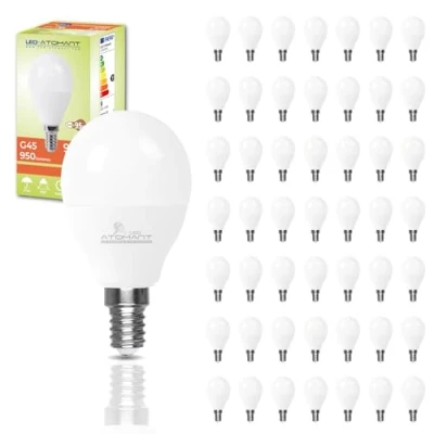 Imagen de LED ATOMANT Pack 50x Bombilla E14 G45 9W, Color Blanco Calido (3000K), 950 Lumenes, Casquillo fino, Equivalente a 80W tradicional