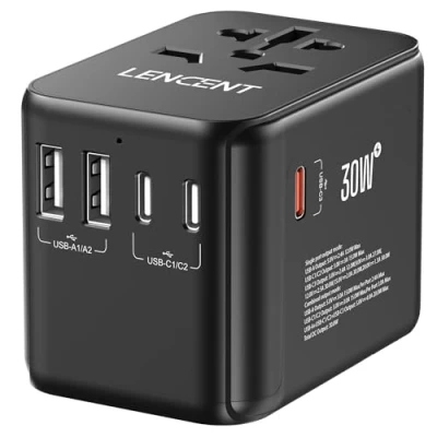 Imagen de LENCENT Adaptador Enchufe Universal GAN 30W, Cargador Internacional con 2 USB A y 3 C PD Carga Rápida, de Viaje para Móviles, Tabletas, Portátil (USA/UK/EU/AUS), Tipo A/C/G/I, Negro