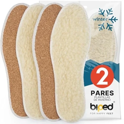 Imagen de biped 2 pares de plantillas con lana oveja auténtica y corcho natural cálidas aislantes térmicas naturales para zapatos invierno botas z2736 (48)