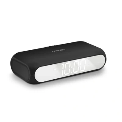 Imagen de MOOOV 477353 Reloj Despertador Digital con Espejo y Base de Carga inalámbrica, Cargador inalámbrico Cable, 2 alarmas, Negro