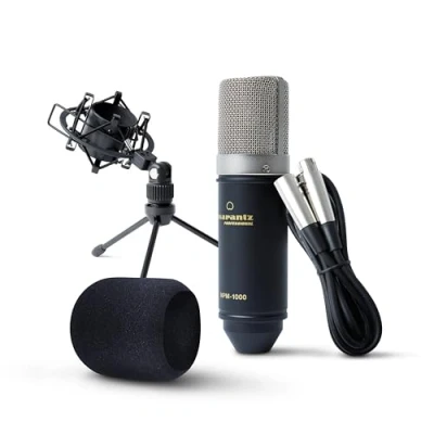 Imagen de Marantz Professional MPM 1000: micrófono de estudio condensador XLR con soporte escritorio y cable para podcasts, streaming, canto, teletrabajo juegos