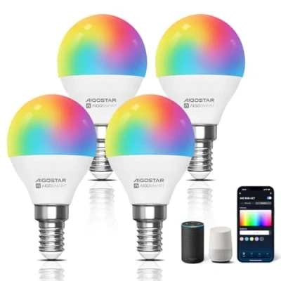Imagen de Aigostar Bombilla Inteligente, Wifi G45 E14 6.5W, Led Inteligente RGBCW Compatible con Alexa/Google Home, No se Requiere Concentrador. Control Remoto,Control De Voz, 4 Unidades.