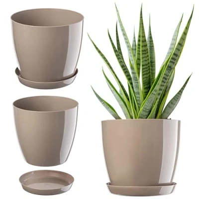 Imagen de KADAX Maceta, Maceta con Plato, Redonda para Uso en Interiores, Elegante de plástico, macetero Flores, Plantas, casa, Ligera (Ø 20 cm, Beige)