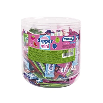 Imagen de Vidal Golosinas Dipper Mini. Caramelo Blando Masticable sabores surtidos Frambuesa, Fresa, Sandía y Manzana. Colores azul, rosa, rojo verde. Tarro de 250 unidades.