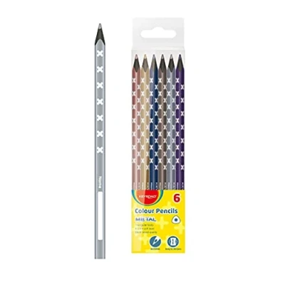 Imagen de Lápices de Colores Metálicos Caja 6 Diseño Triangular con Grafito Resistente 3 mm Madera Revestimiento Útiles Escolares Keyroad