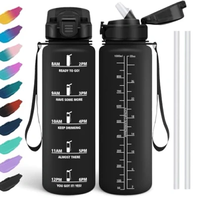 Imagen de HoneyHolly Botella Agua 1 Litro, Libre de BPA &amp; Prueba Fugas, Agua, con Pajita, Gimnasio, Marcador Tiempo, Cantimplora para Sport, Bicicleta, Escuela
