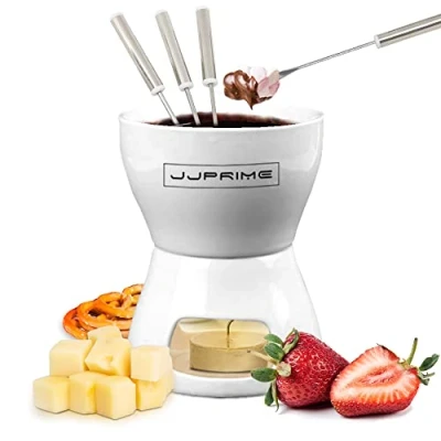 Imagen de JJ Prime Cerámica Fondue De Chocolate Queso Fondeu para con 4 Tenedores Acero Inoxidable, 1 Vela Candelita