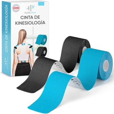 Imagen de Kinesiotapes 2 Rollos de Cinta Kinesiológica Azul + Negro (5cm x 5m) Kinesiotape Health Press Physio Tape Profesional y Deportiva Cintas la Piel Amistoso DERMATEST: MUY BUENO