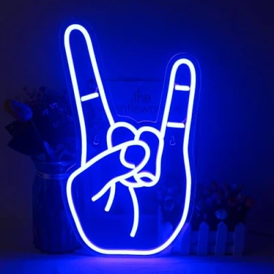 Imagen de LUCUNSTAR logotipo de neón gestos rock para decoración paredes, LED azul, con fuente alimentación usb, bares, salas juegos, fiestas