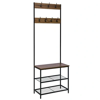 Imagen de WOLTU Perchero Zapatero de Estilo Industrial con Banco 7 Ganchos Madera y Acero Marrón Oscuro SR0114dc