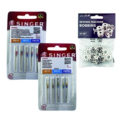Imagen de Singer Pack de 2 Paquetes Agujas Universales para coser Algodón y Tejidos punto, elásticos lycra 2020, 2045 Sistema 130/705 H (Plano un Lado) HAx1 S + Canillas Metálicas