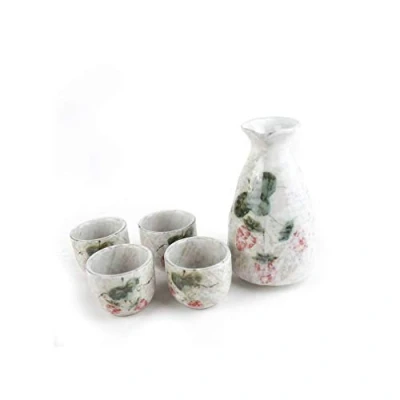 Imagen de lachineuse Servicio de Sake Fresas con 4 cuencos y jarra Vasos japoneses Regalo Vajilla asiática Tradicional Porcelana Floral Japón Chino Blanco