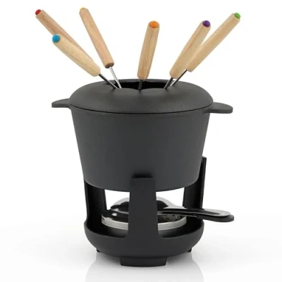 Imagen de BBQ Toro Juego de Fondue Hierro Fundido 6 Personas 1 Litro Set 13 Piezas con Quemador y Tenedores para Queso, Carne, Chocolate