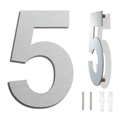 Imagen de Número de casa moderno (152 mm altura). Hecho con acero inoxidable 304 cepillado y sólido. aspecto flotante fácil instalar (Número 5 Cinco)